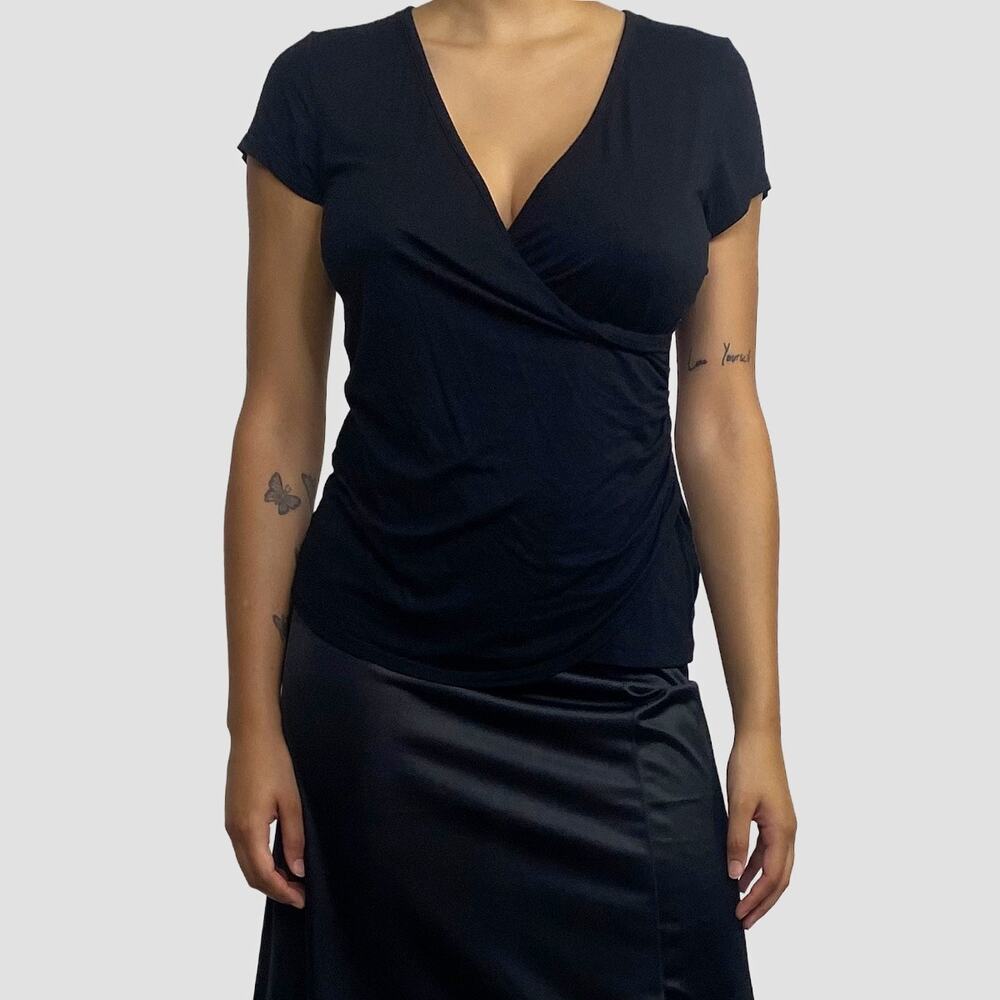 ModCloth Black Retro Crossover Surplice Wrap Top Sz Medium